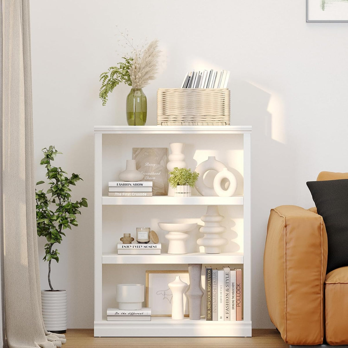 blini 3-Shelf Bookcase White Wooden Bookshelves 33in Wide Floor Standing Disp...