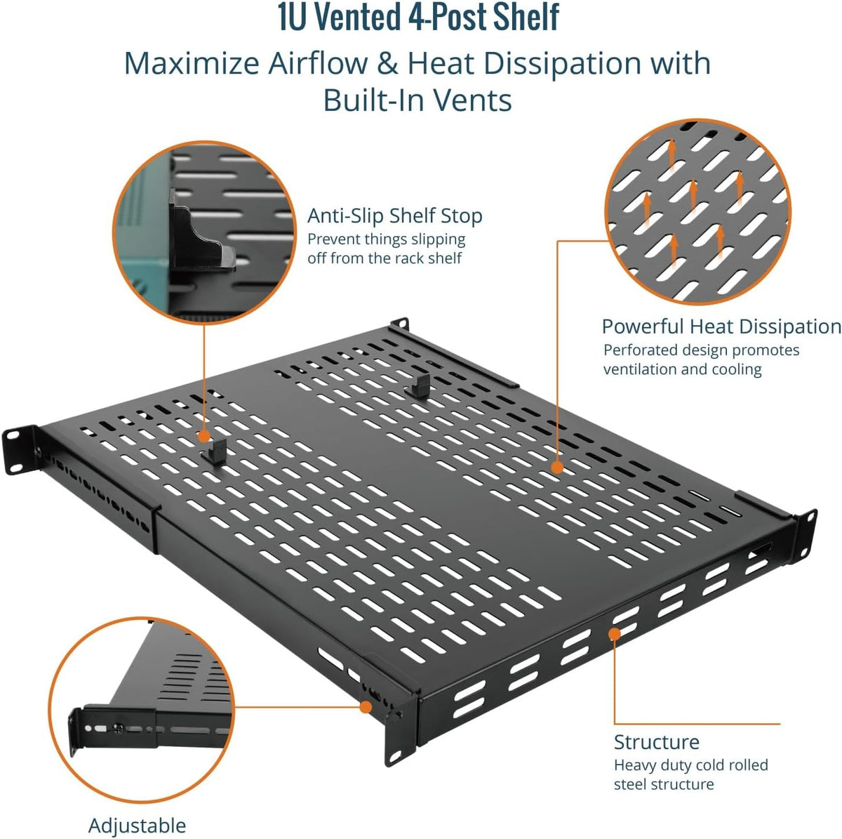 Tecmojo 1U 4-Post Vented Server Rack Mount Shelf,27.6in Deep with Adjustable ...