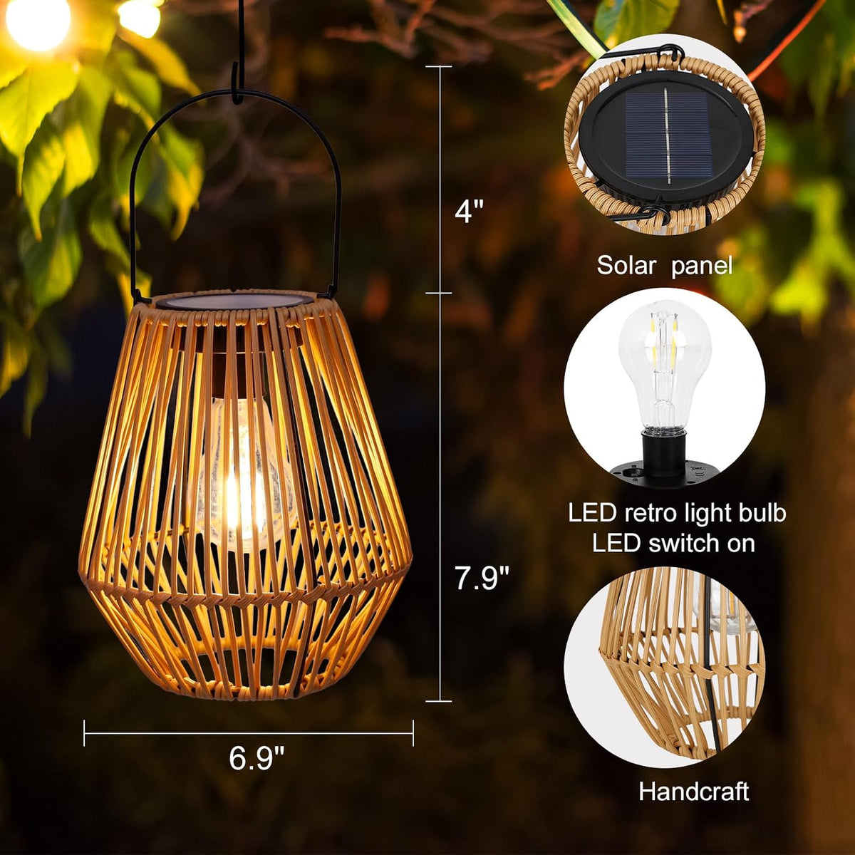 Livinlarge Solar Lanterns Outdoor Waterproof,Wicker Solar Lantern 2 Pack |