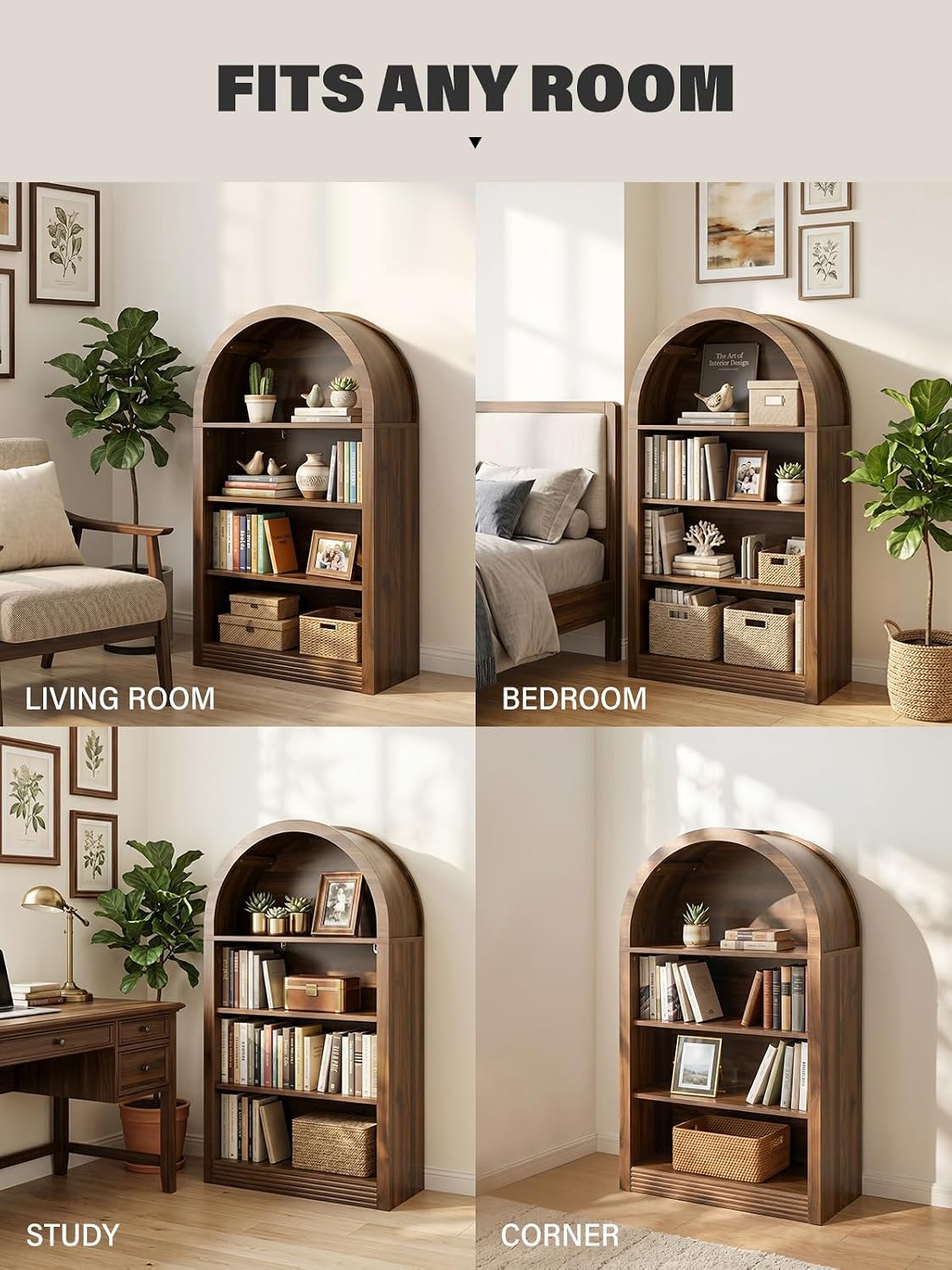 Arched Bookshelf, 47.6 inch Wood Open Bookcase, Brown