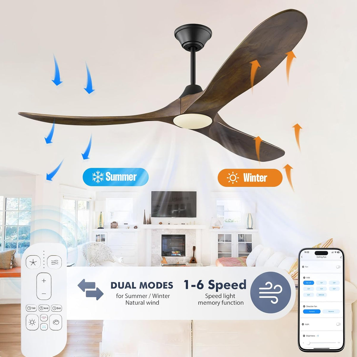 70 Inch Smart Large Ceiling Fan with Light, 3 Wood Propeller Blades