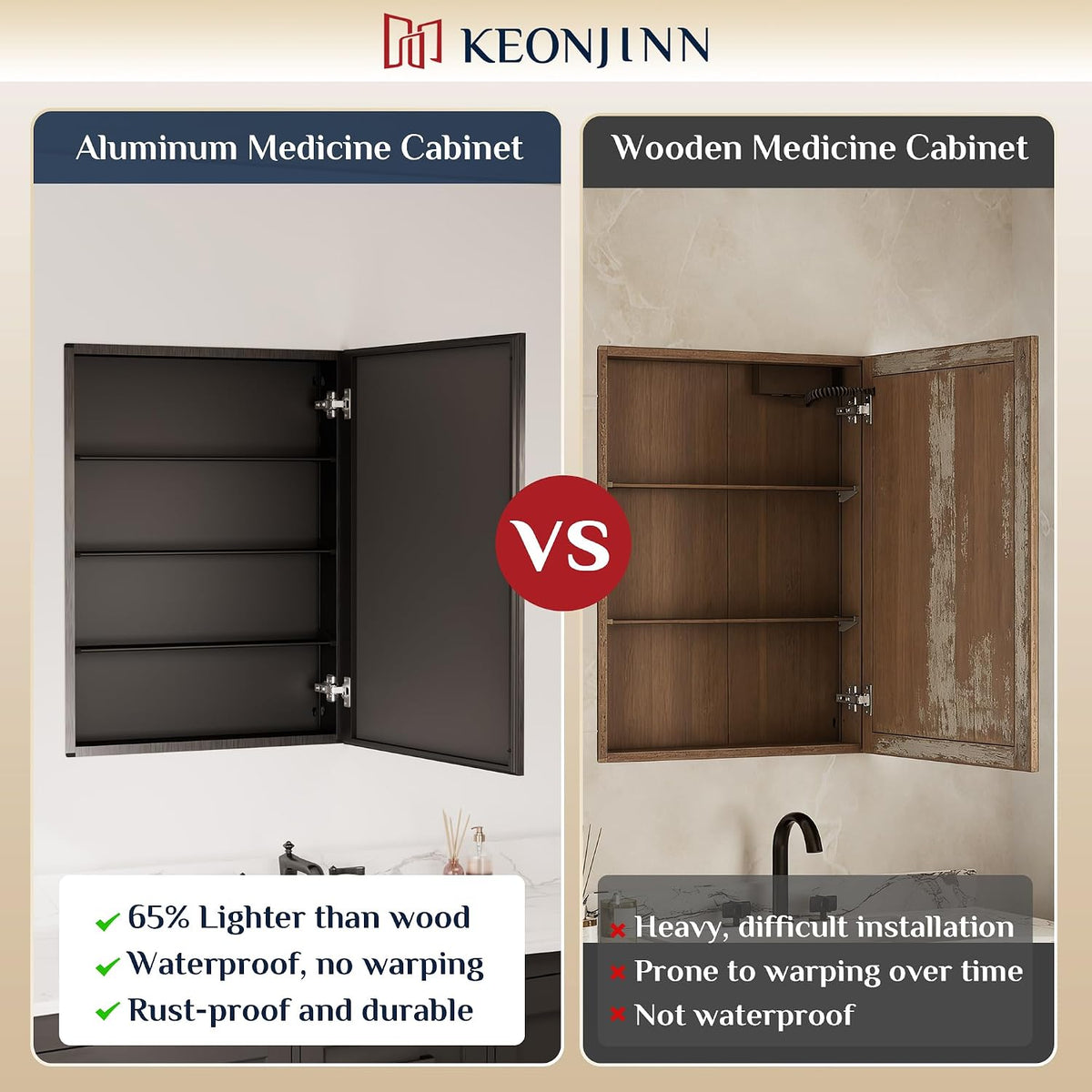 Keonjinn Matte Black Medicine Cabinet Mirror 20 x 26, Adjustable Shelves
