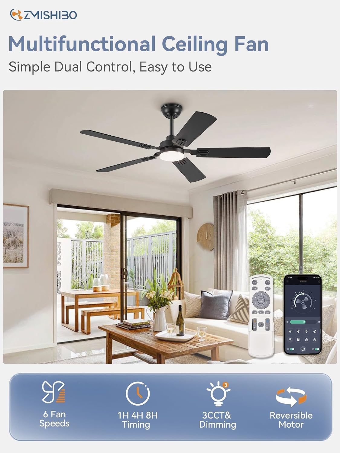 ZMISHIBO 52" Ceiling Fans with Lights and Remote, Black Modern for Indoor