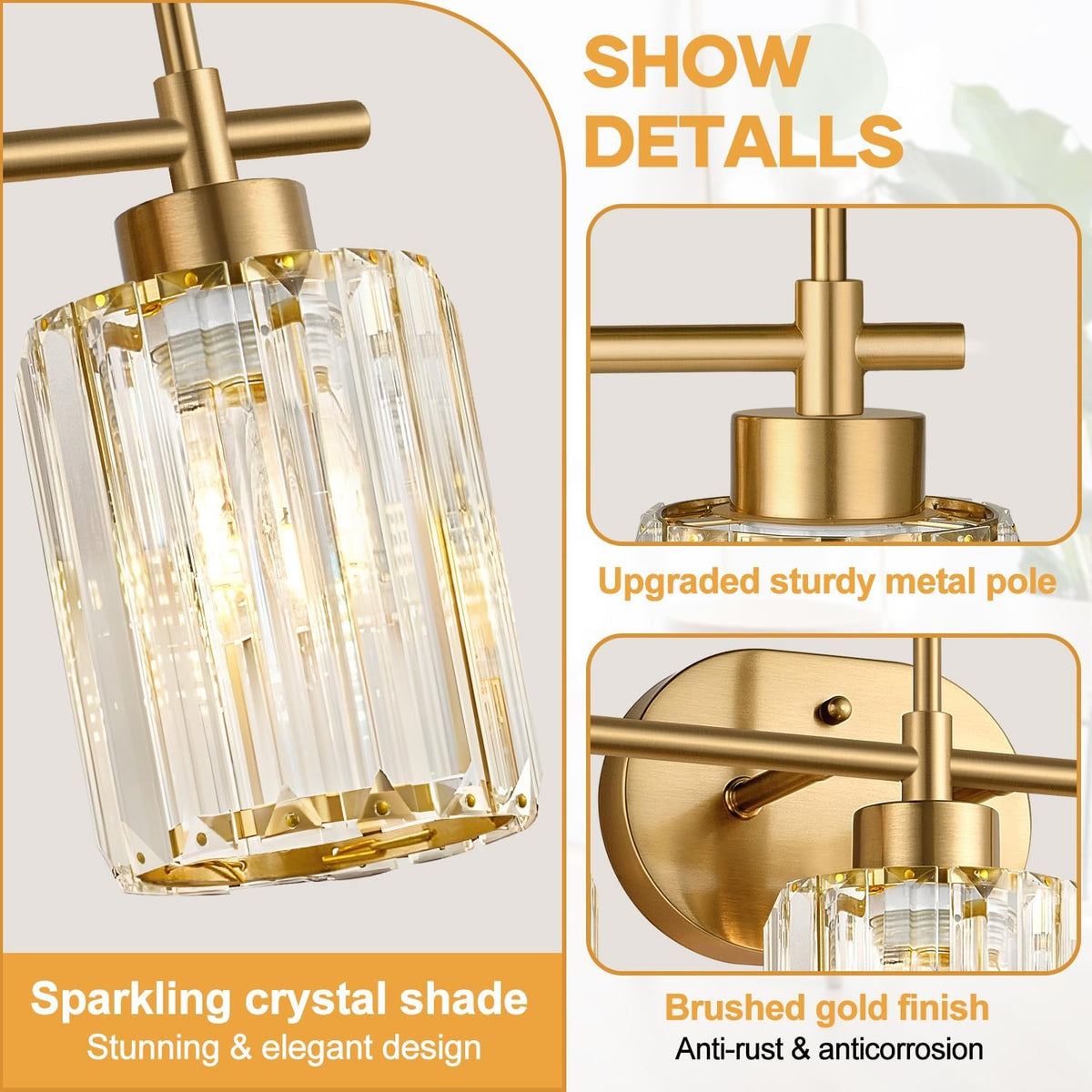 Modern Crystal Bathroom Vanity Light, 3-Light Brushed Gold Bathroom Light Fix...