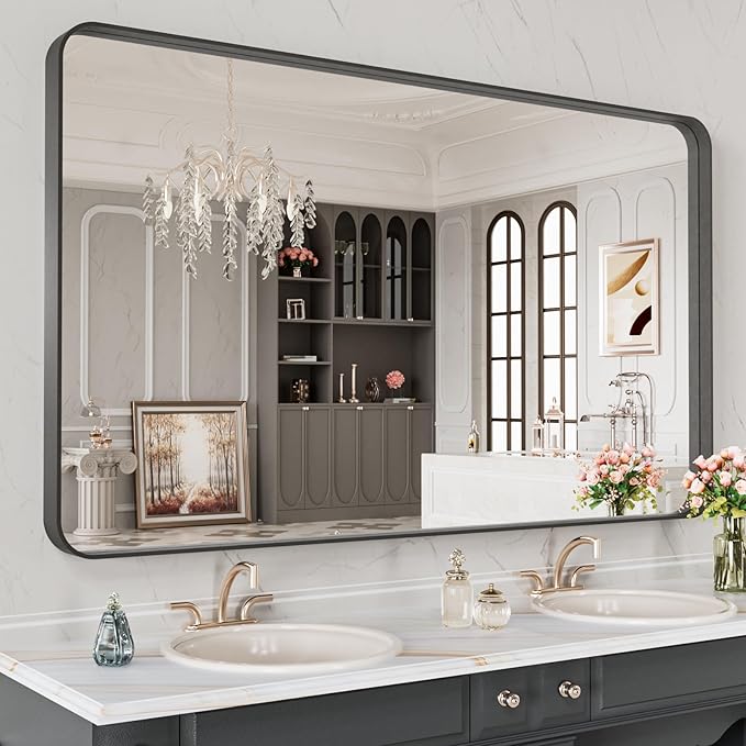 LOAAO 48X28 Inch Black Metal Framed Bathroom Mirror