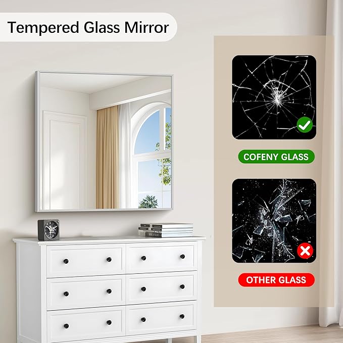 Silver Bathroom Mirror for Wall, 30x30 Inch Rectangle Mirrors