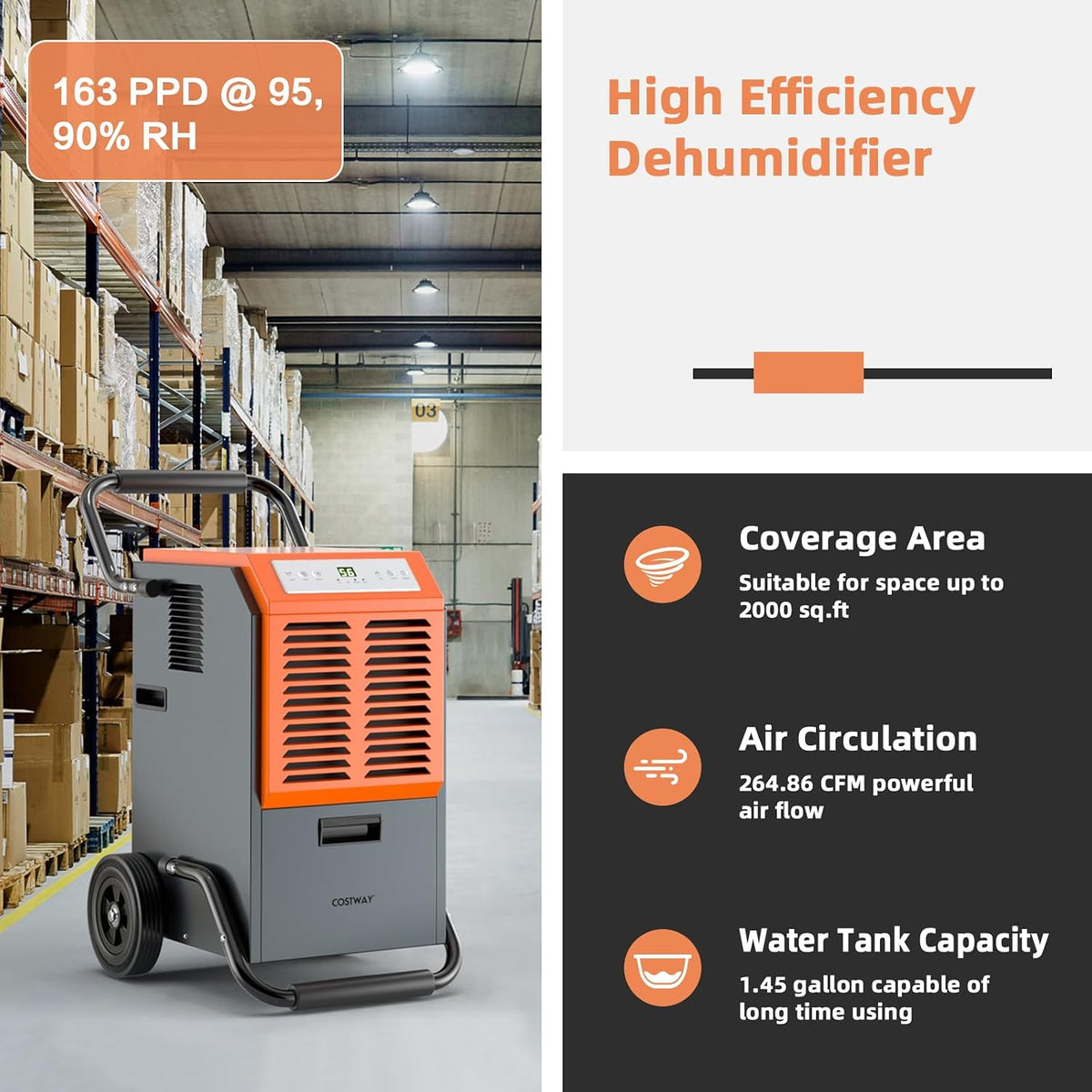 COSTWAY 163 Pints Commercial Dehumidifier (Orange)