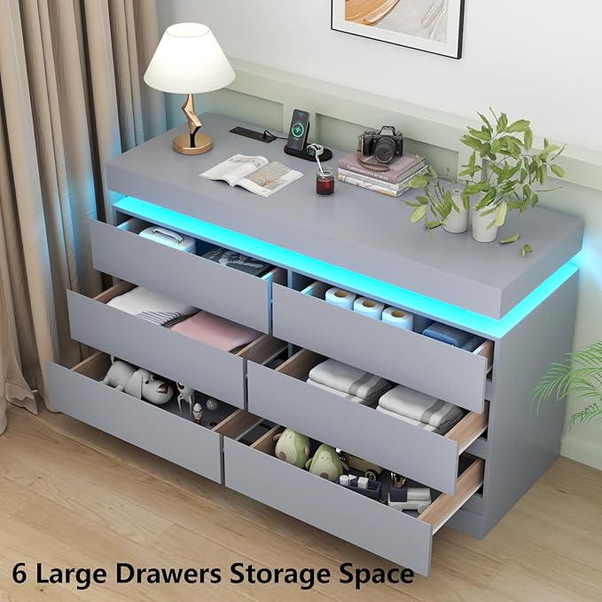 6 Drawer Dresser with Power Outlet, Dresser with LED Light, Modern Chest of