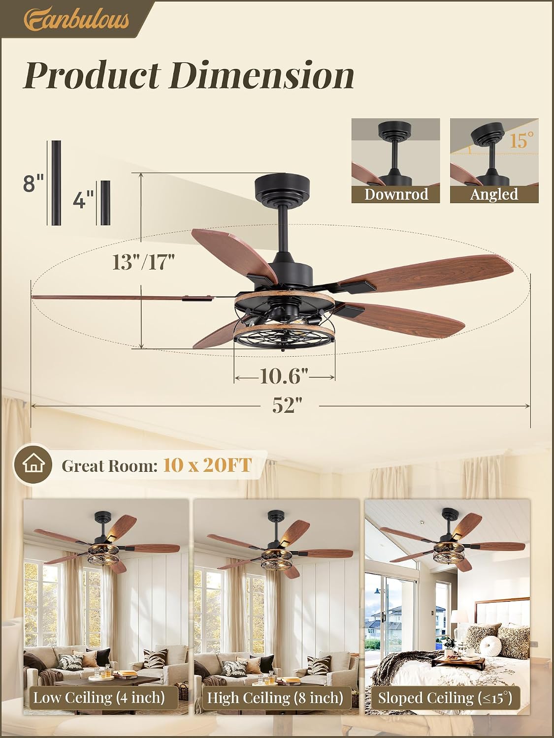 Farmhouse 52 Inch Farmhouse Ceiling Fan with Light and Remote, Black