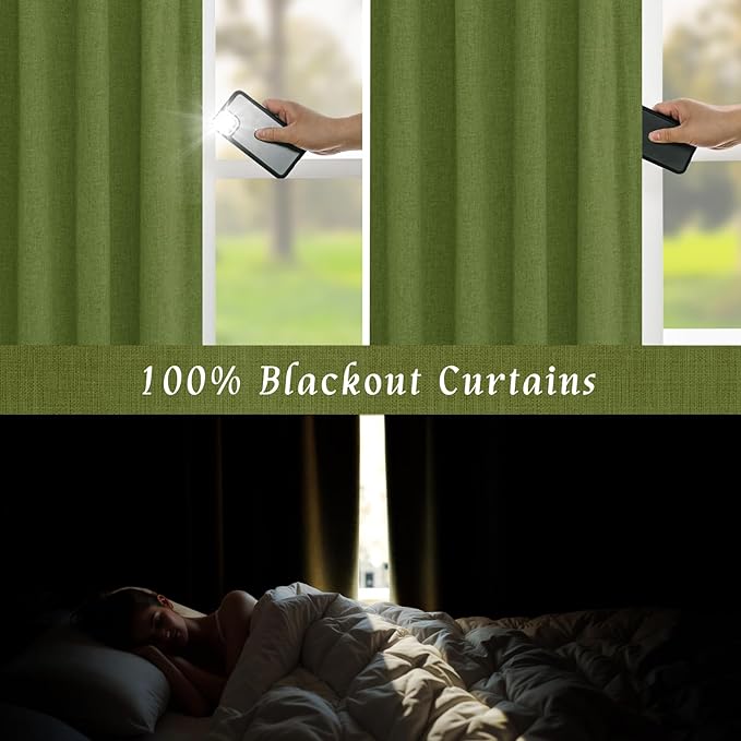 LAMIT 100% Blackout Linen Curtains 63 Inches Long, Linen Textured Living Room