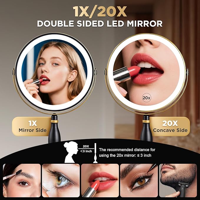Lighted Makeup Mirror, 20x Magnifying Rechargeable Double Side Vanity Mirror