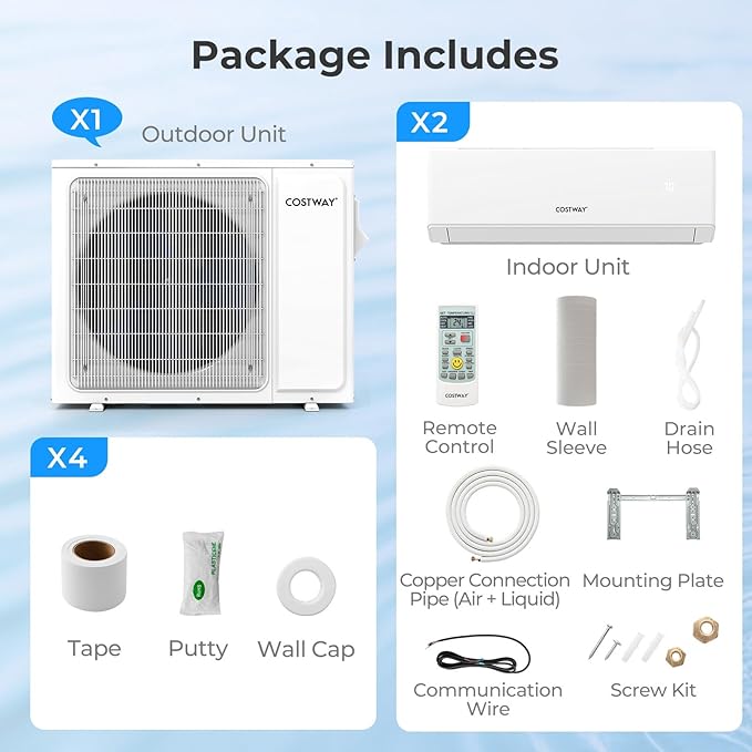 COSTWAY 18k Dual 2 Zone Mini Split Air Conditioner, 22 SEER2 9000 BTU+ 12000 BTU