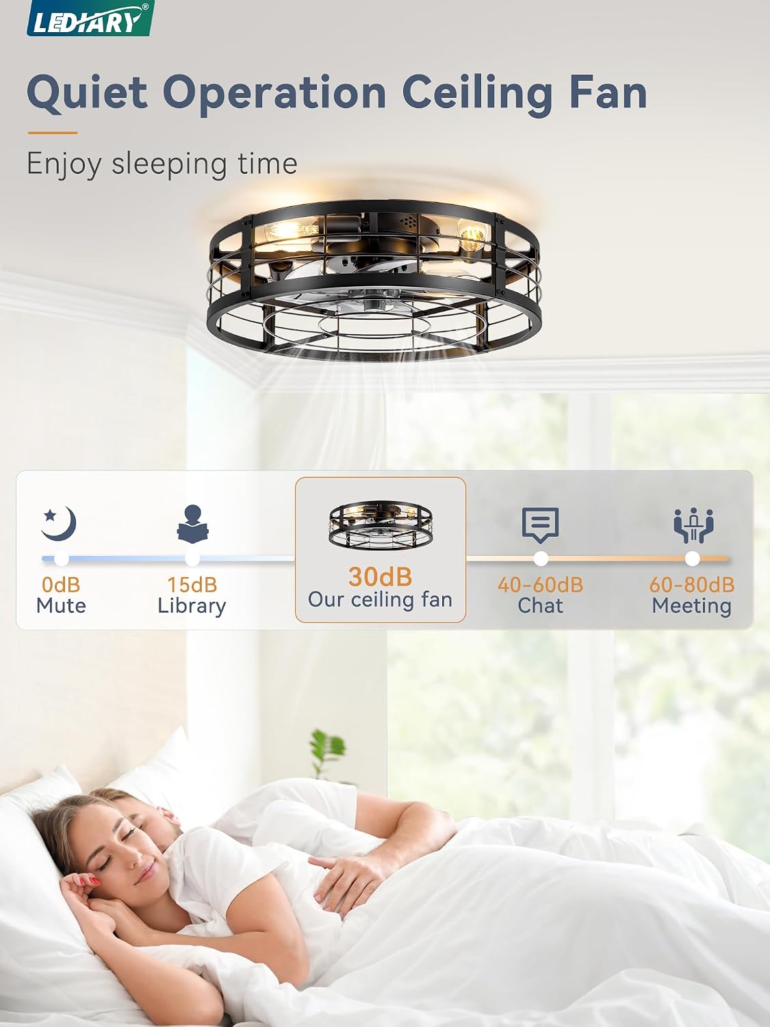 LEDIARY 20" Black Caged Low Profile Ceiling Fan with Light and Remote