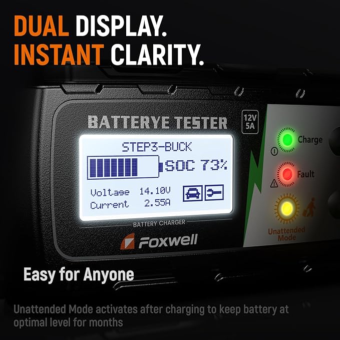 FOXWELL BC521 5A 12V Battery Charger & Tester, 4-in-1 Battery Maintainer