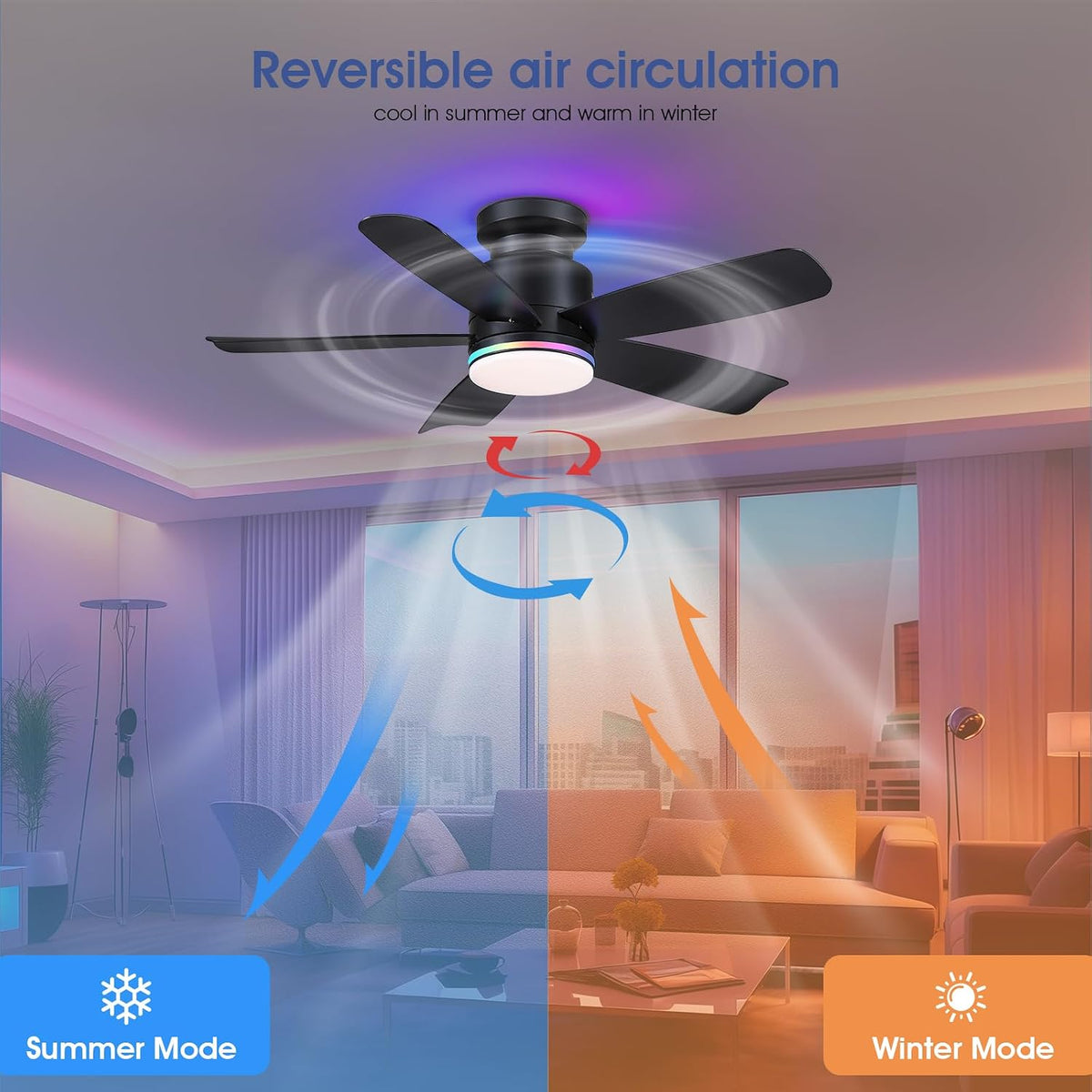 Wiviniya 41 In Flush Mount Ceiling Fans with RGB Lights Remote/APP, Black