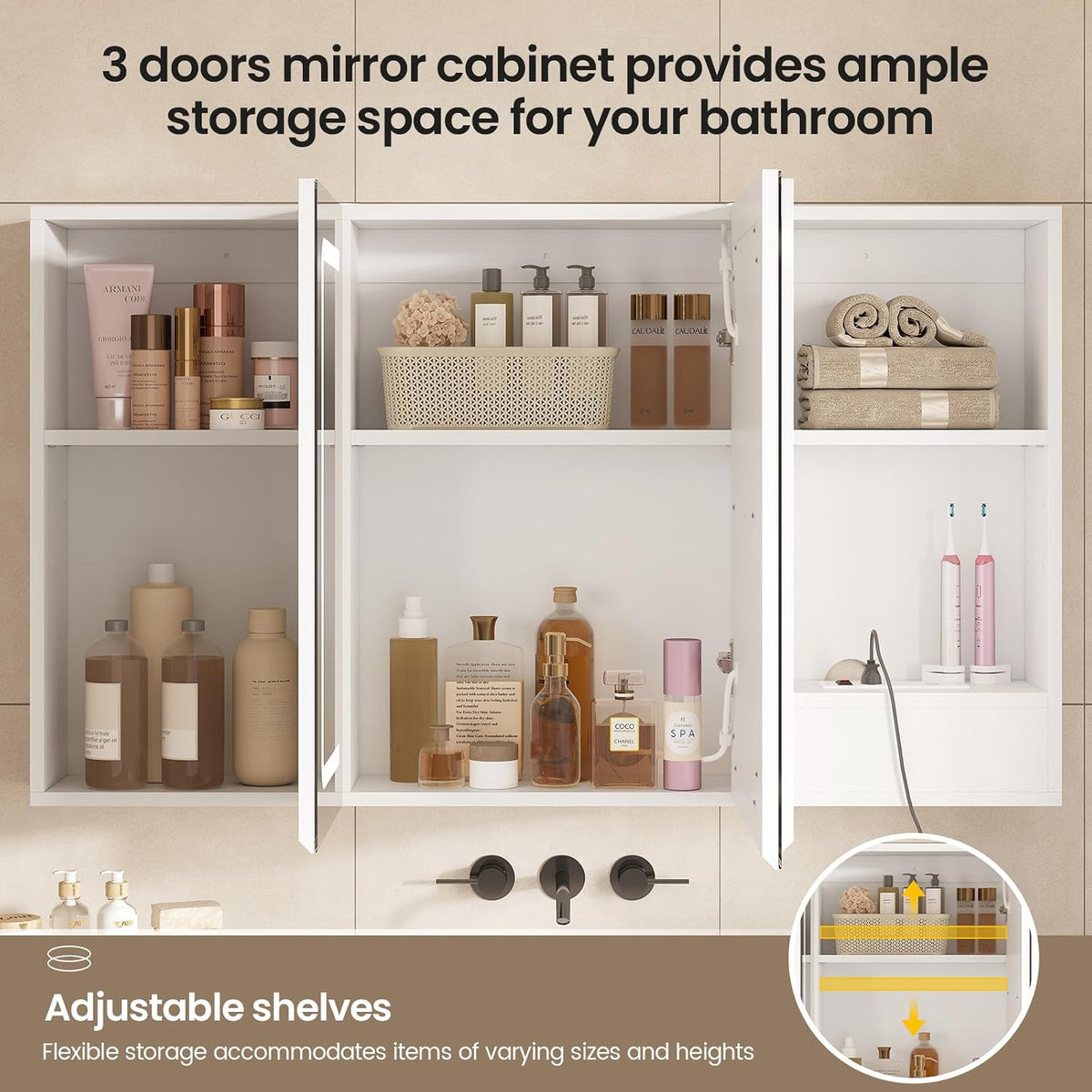 Medicine Cabinet Organizer with Mirror, Lighted Bathroom Medicine Cabinet wit...
