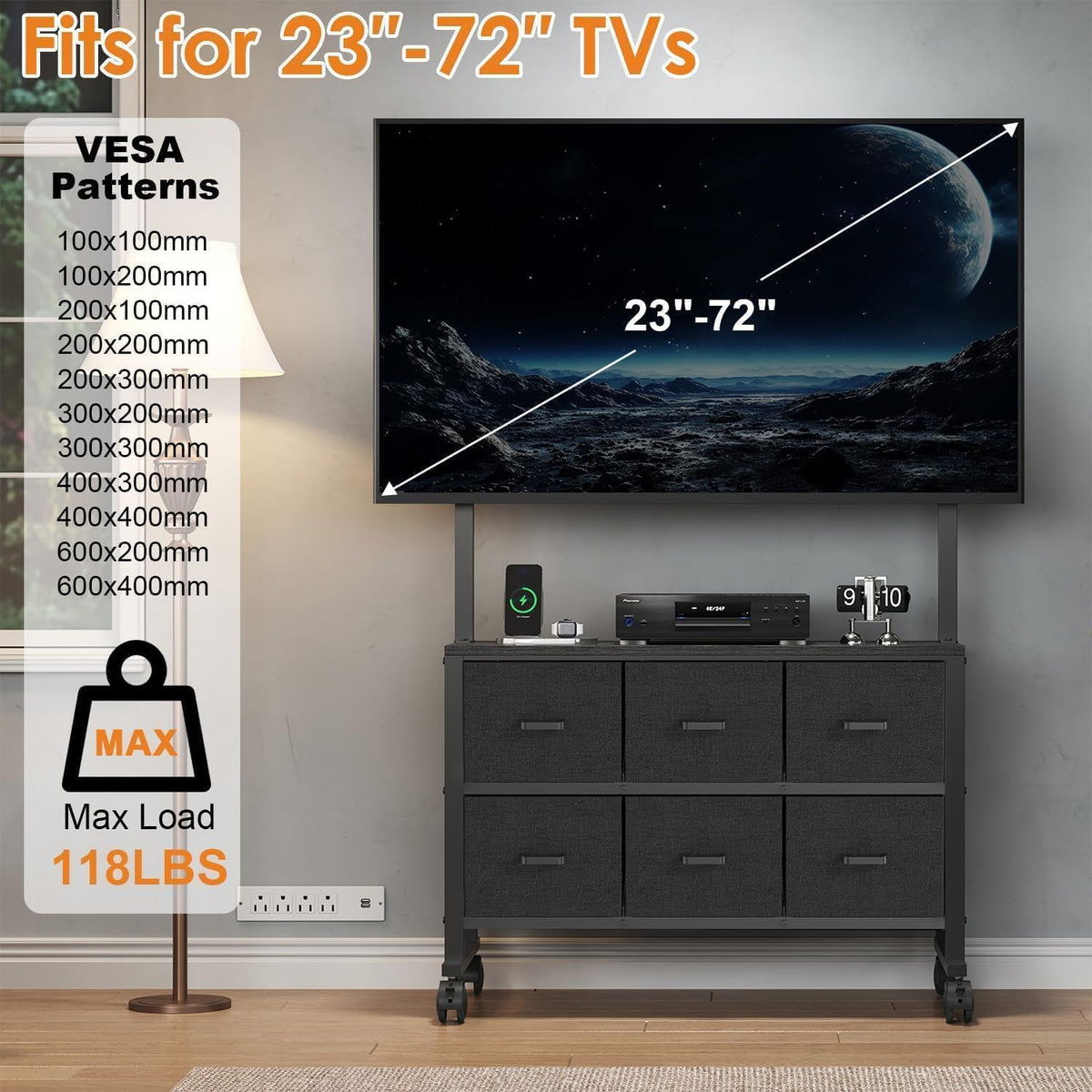 Portable Mobile TV Cart Rolling TV Stand with 6 Drawers for 23-72 in TV