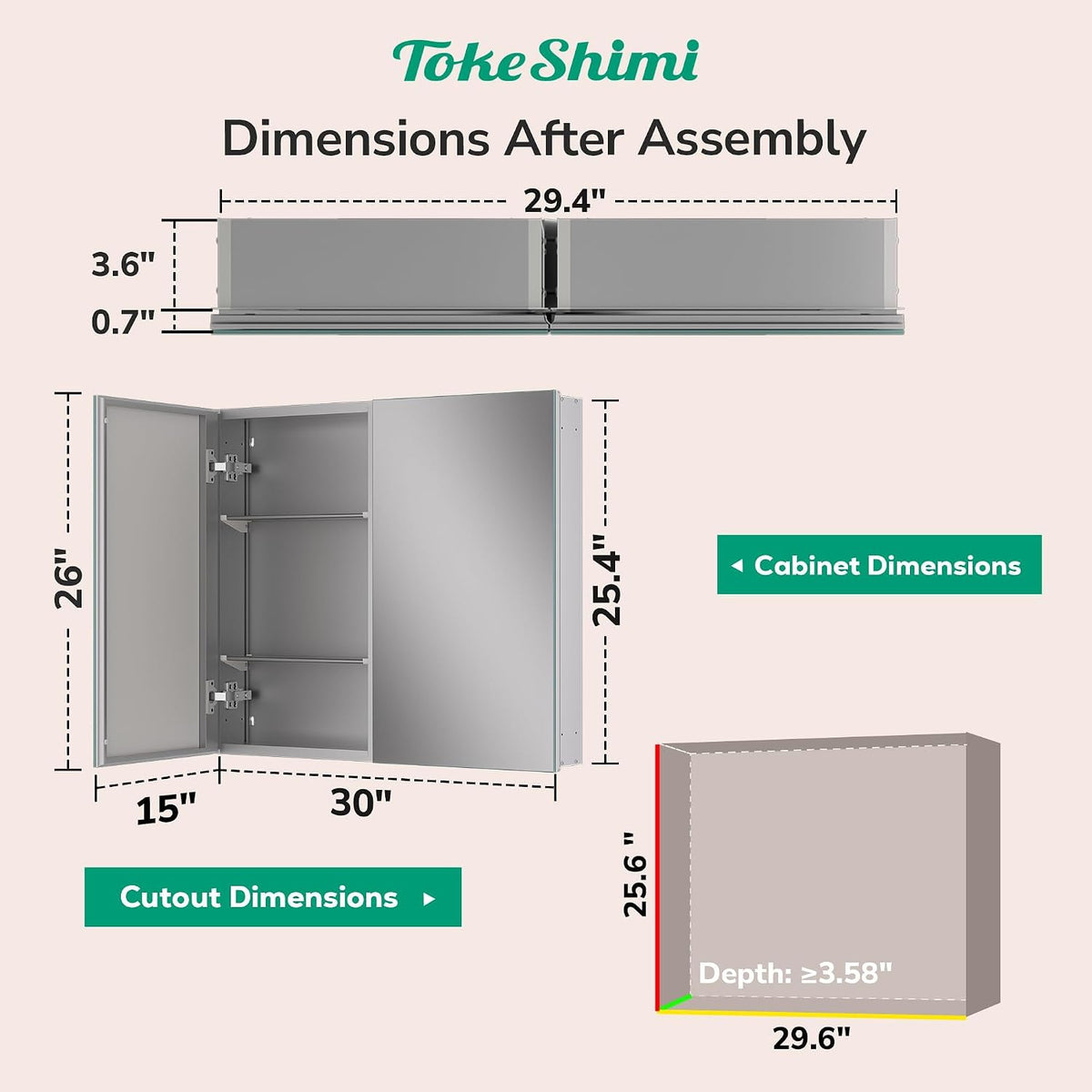 TokeShimi 30 x 26 Silver Aluminum Medicine Cabinet Mirror for Bathroom Surfac...