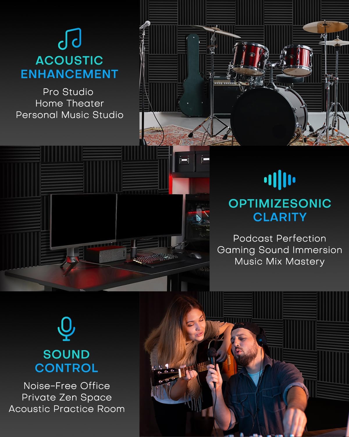 50 Pack Sound Proof Foam Panels for Walls, 2 X 12 X 12 Inches Acoustic Foam P...