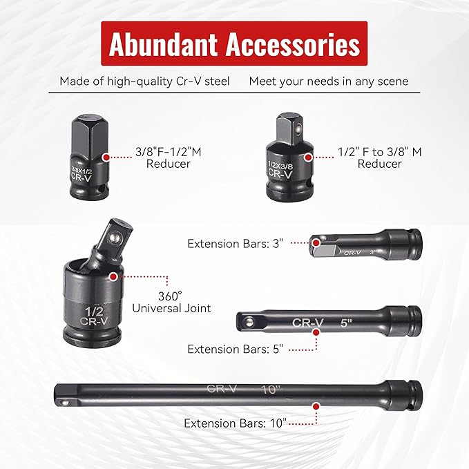 25-Piece 1/2" Drive Socket Set, Deep Sockets, Extension Bars, 1/2" ...