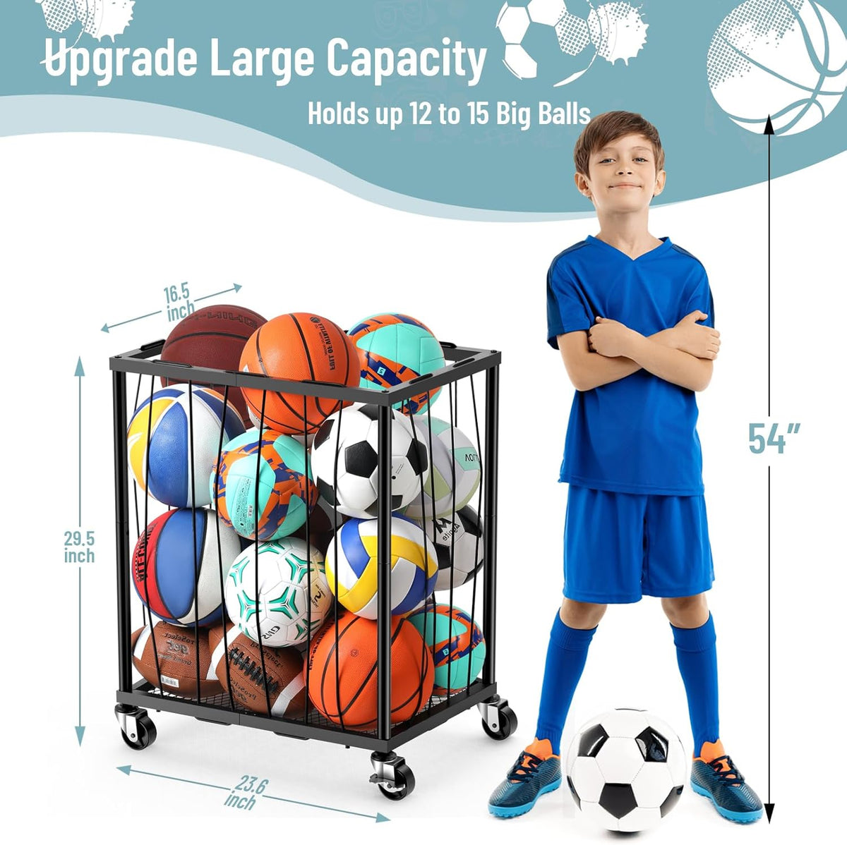 TomCare Garage Ball Storage Rack, Rolling Sports Cart with Lockable Wheels