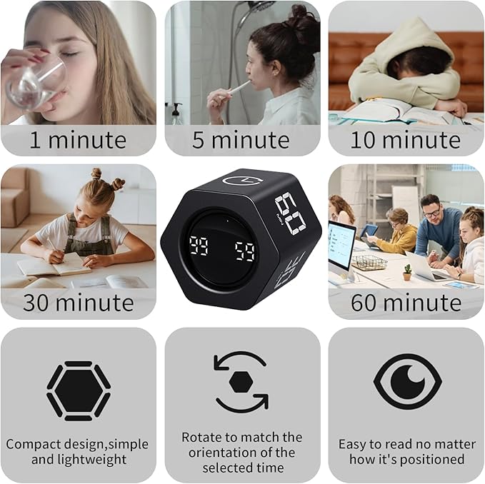 Productivity Timer Flip Gravity Sensor Cube Timer Countdown & Countup, Mu...