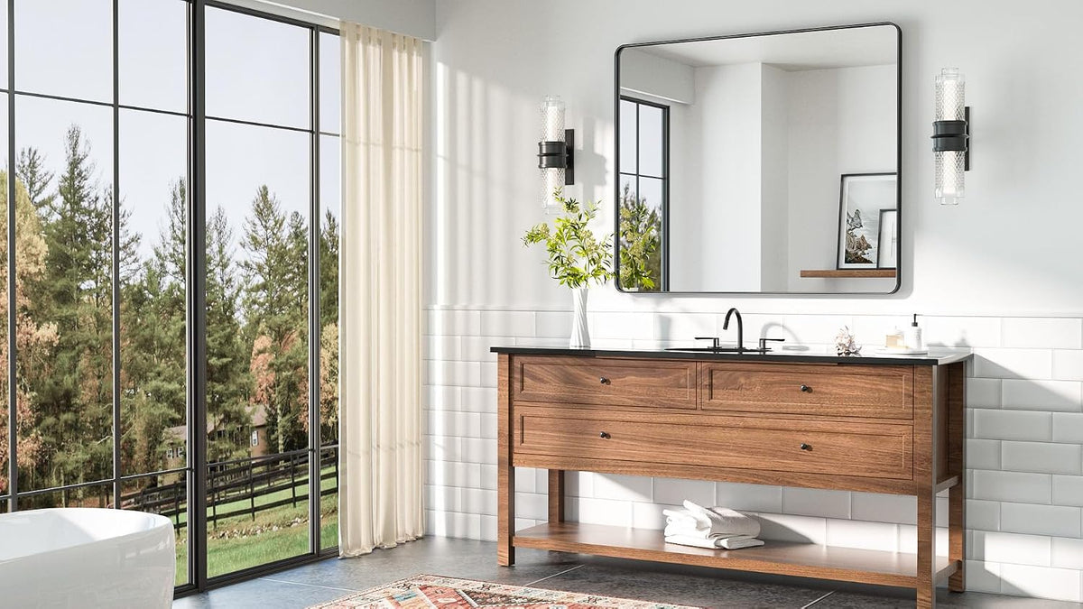 42 x 36 Black Bathroom Mirror Matte Black Metal Framed Vanity Mirror, Tempere...
