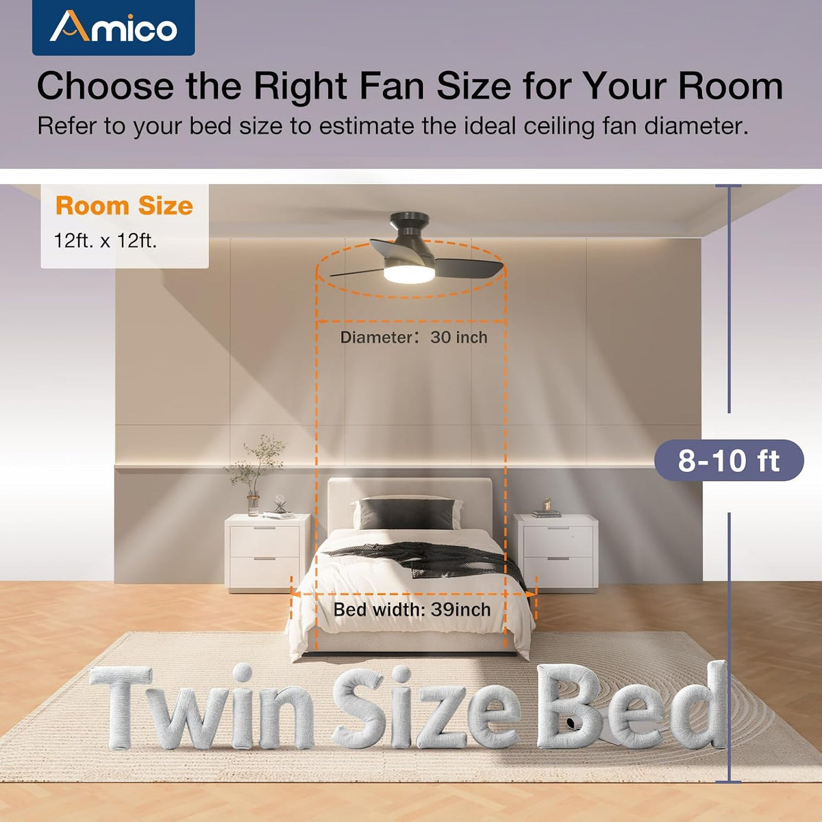 Amico 30 Inch Black Low Profile Ceiling Fans with Lights and Remote