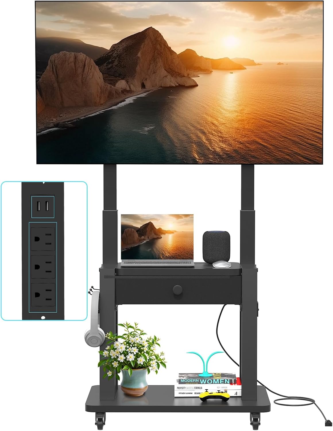 Rolling TV Stand with Power Outlet and Fabric Drawer for 32-75 Inch Flat/Curv...