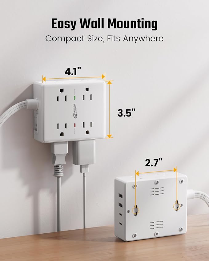 25Ft Long Extension Cord, Flat Plug Power Strip