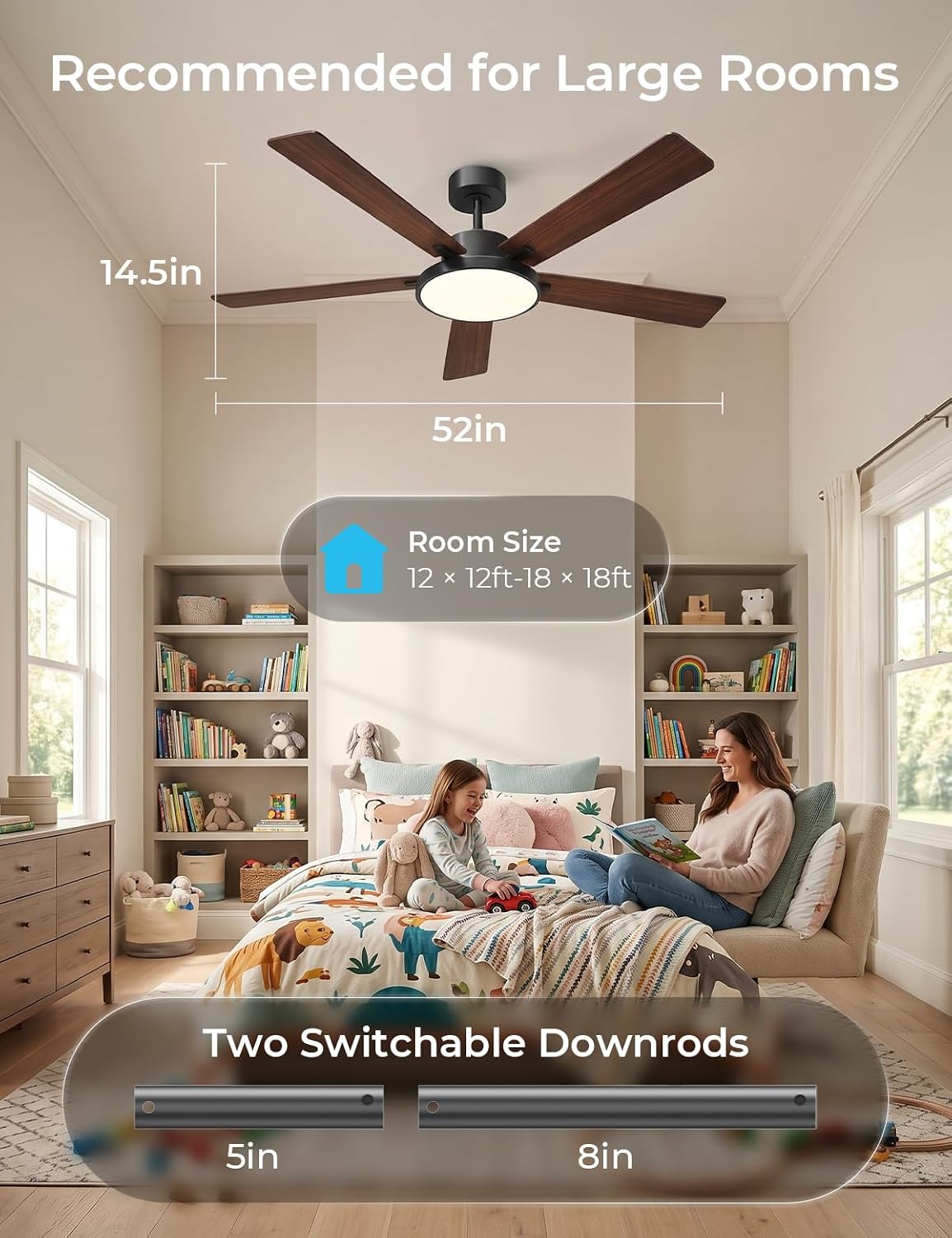 CINOTON 52" Smart Ceiling Fans with Lights and Remote, App Control, Black