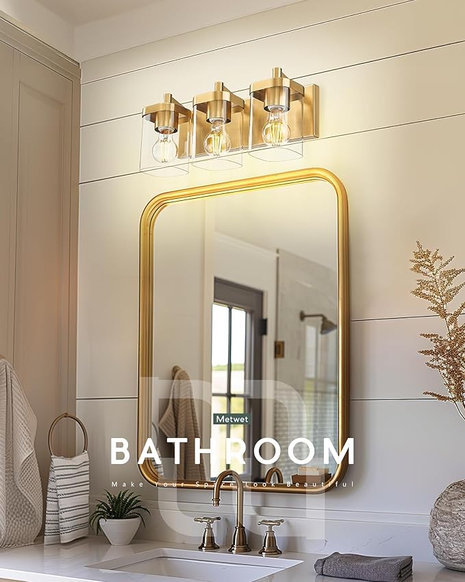 METWET Bathroom Light Fixtures Over Mirror, 3-Light Brushed Gold Vanity Light