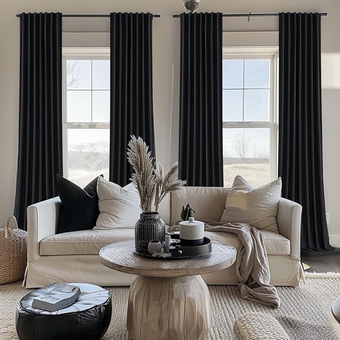 Room Darkening Black Curtains 108 Inches Long 2 Panels, 9ft Neutral Curtains