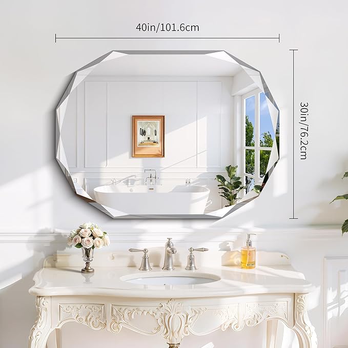 GLASHOM Frameless Bathroom Mirror, 30x40 inch Frameless Wall Mirrors Beveled