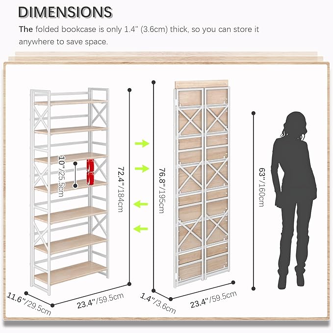 4NM 7 Tiers No Assembly Book Shelves, 72.4" H Folding Bookshelf Bookcase...