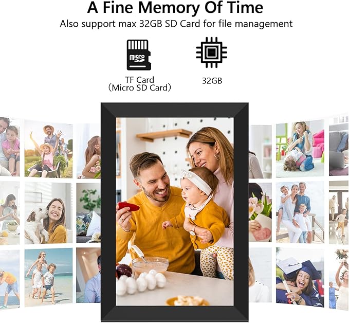 FRAMEO Digital Photo Frame WiFi 32GB 10.1 Inch 1280x800 IPS Touch Screen