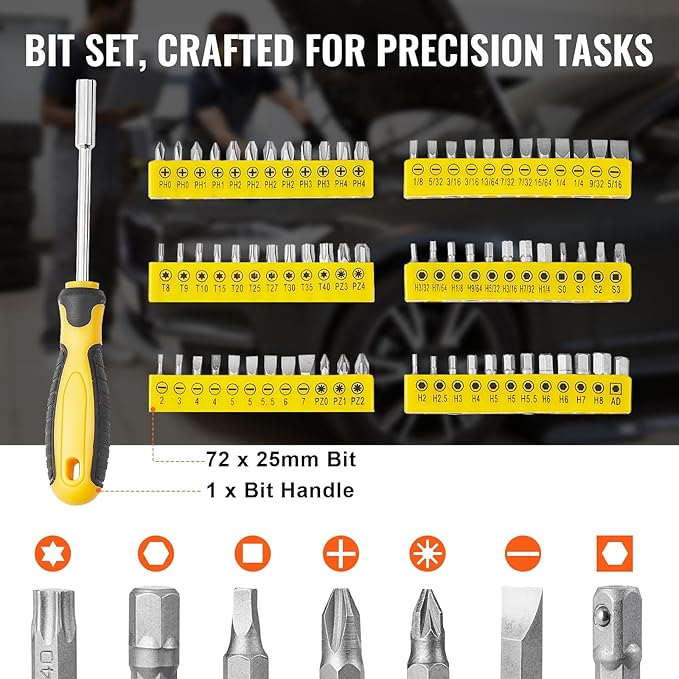VEVOR Mechanics Tool Set 207 Pieces 1/4" 3/8" 1/2" Drive Socke...