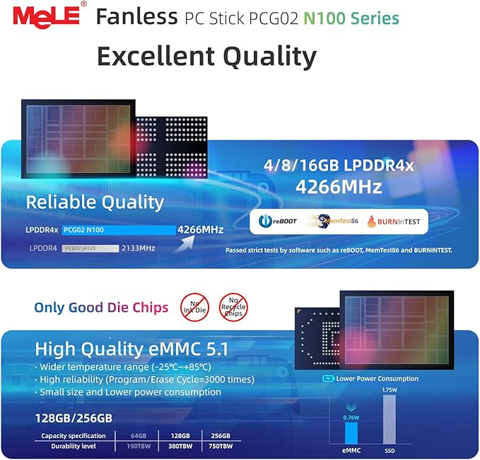 MeLE Fanless Mini PC Stick PCG02, N100 8GB 128GB Compute Stick, Micro Desktop