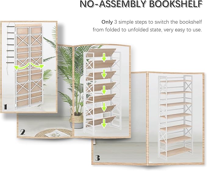 4NM 7 Tiers No Assembly Book Shelves, 72.4" H Folding Bookshelf Bookcase...