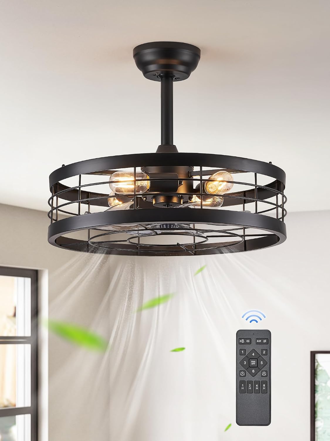 LEDIARY 20 inch Fandelier Caged Ceiling Fan with Light and Remote, Black