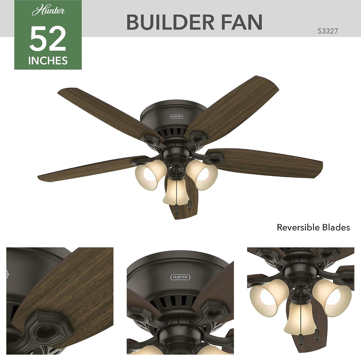 Hunter Builder, Indoor, Ceiling Fan, with LED Lights, 52 inch, New Bronze