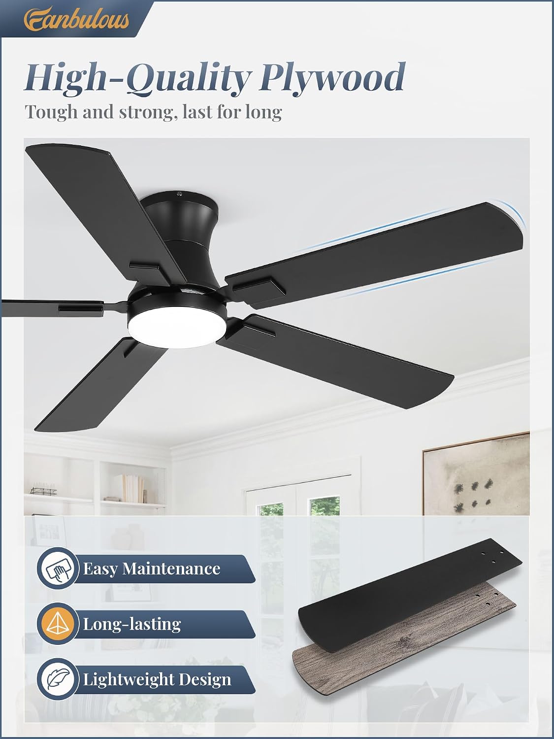 Fanbulous 52 inch Ceiling Fan with Light, Low Profile, App & Remote Control