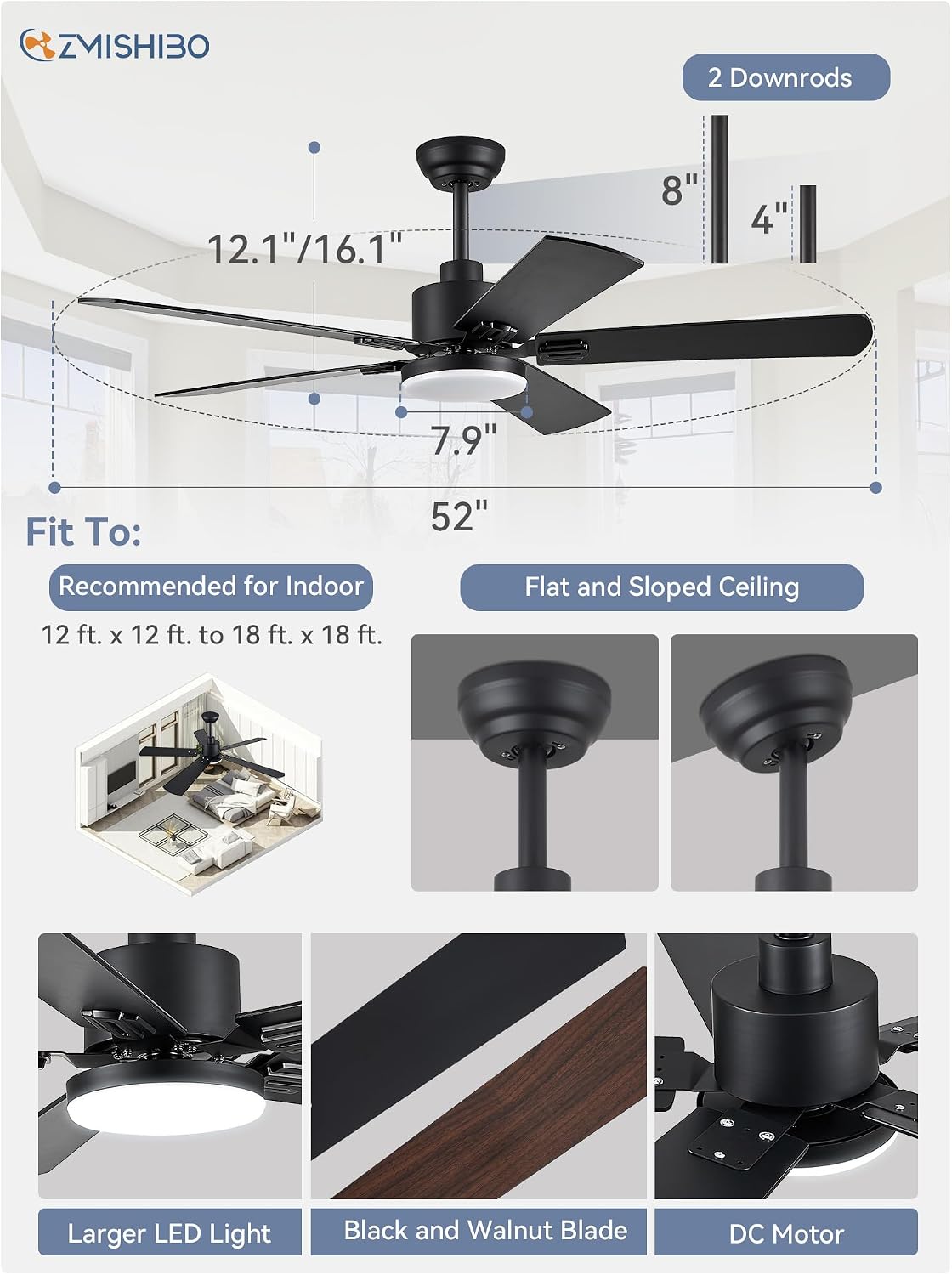 ZMISHIBO 2 Pack 52" Ceiling Fan with Light and Remote, Black Modern Indoor