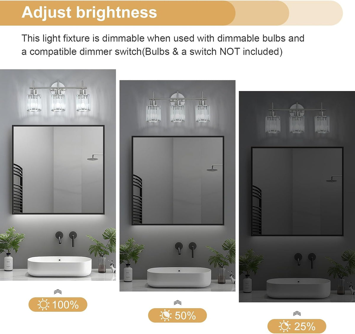 Brushed Nickel 3-Light Crystal Bathroom Vanity Light Fixtures, Round