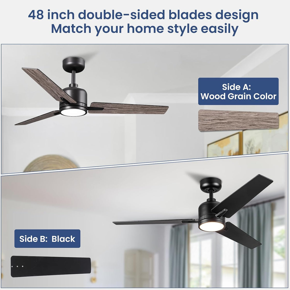 Newday 48 Inch Black Ceiling Fans with Light, Remote, Reversible DC Motor
