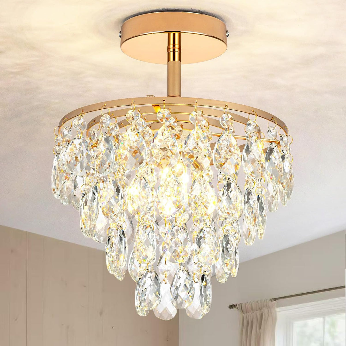 Mini Crystal Chandelier Modern Crysal Flush Mount Ceiling Light for Bedroom C...