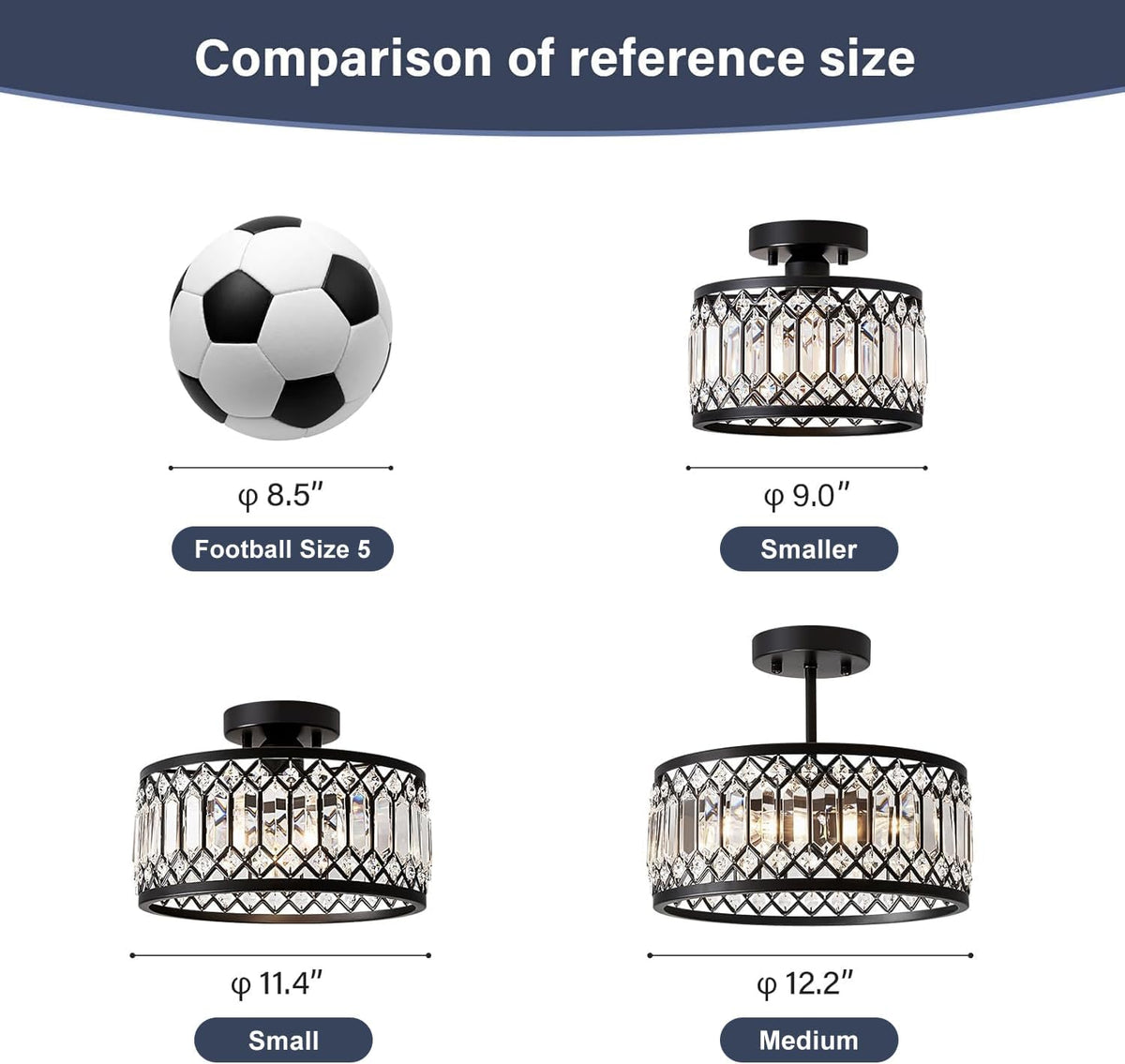Pevfah Crystal Black Ceiling Light, 3-Light Semi Flush Light Fixture, 12 in