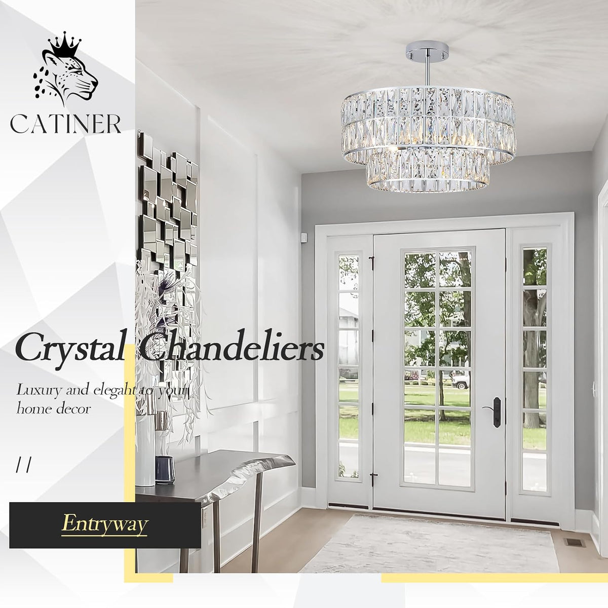 Chrome Crystal Chandelier 20" 6-Light Modern Semi Flush Pendant