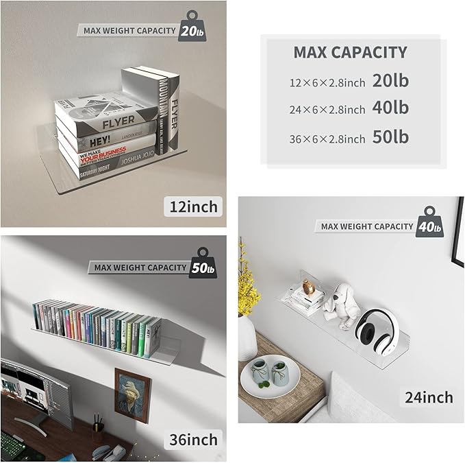 Acrylic Wall Shelves 36 24 12 Inches, Wall Mounted Display Shelves