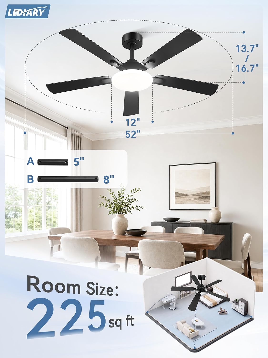 LEDIARY 52 Inch Ceiling Fans with Lights DC Motor, Remote & APP Control